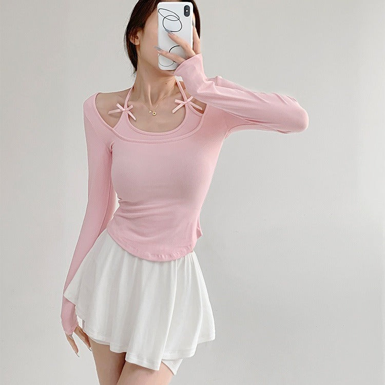 Solid-color long-sleeved bow T-shirt
