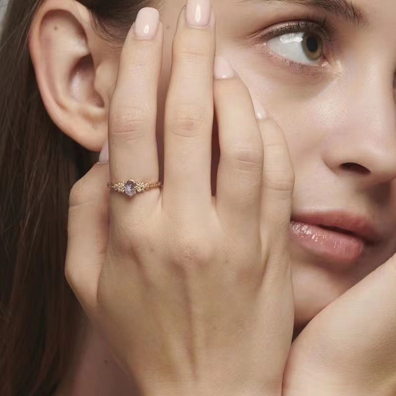 Cordierite Olive Leaf Ring with Zircon Accents in Gold Tone