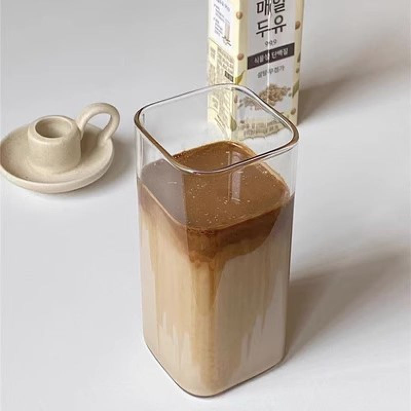 Square Glass Cup with Lid and Straw