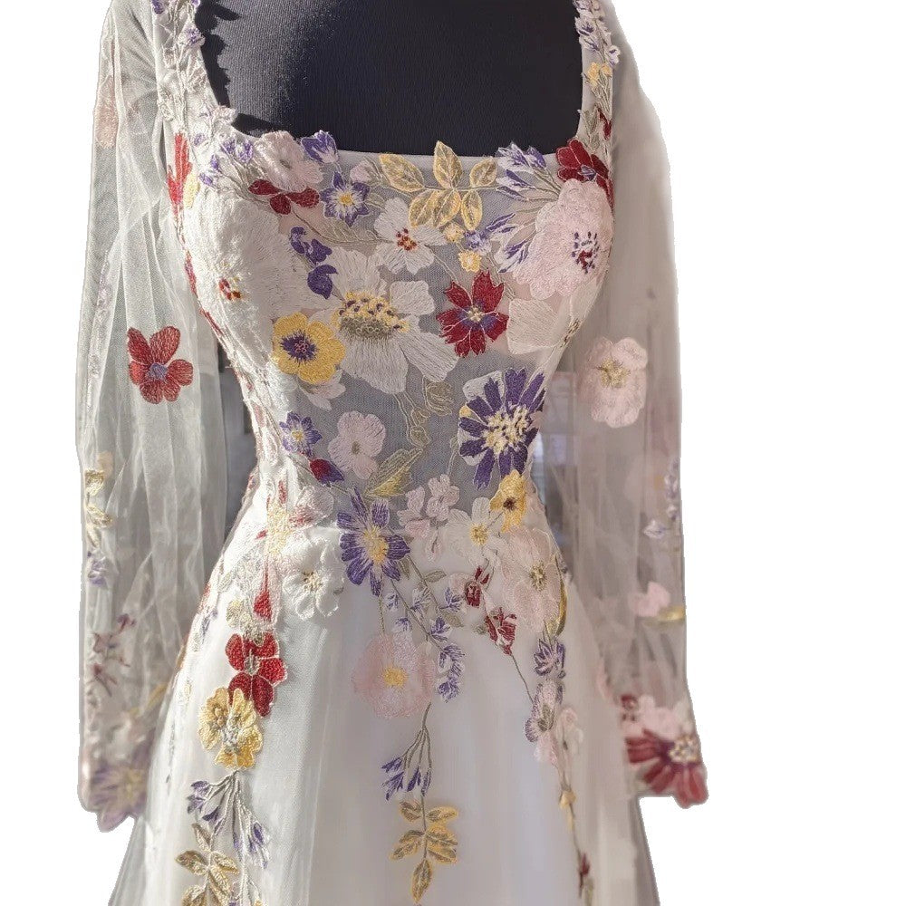 Floral Embroidered Evening Gown with Slit and Sheer Long Sleeves