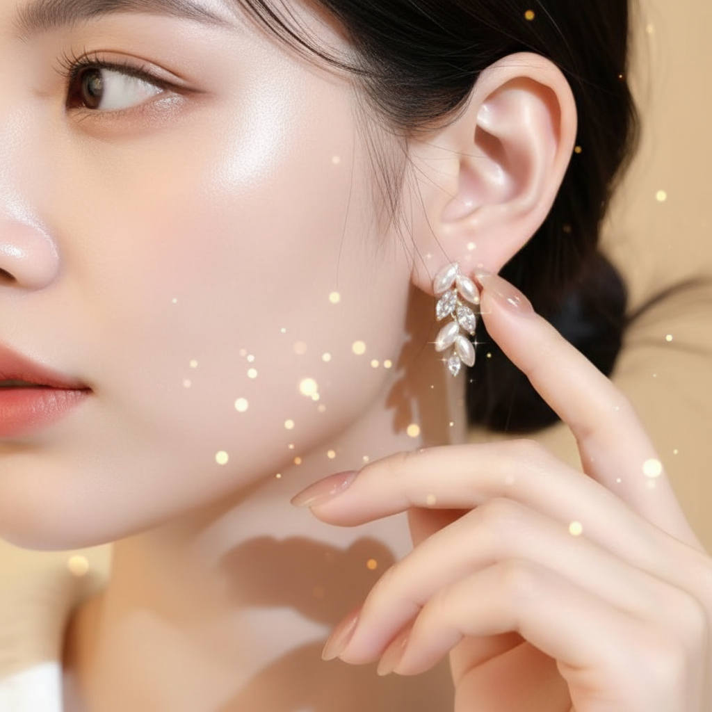 A close-up lifestyle shot of a person wearing a silver and pearl leaf-shaped drop earring on one ear while holding the matching earring between their fingers against a soft beige background.