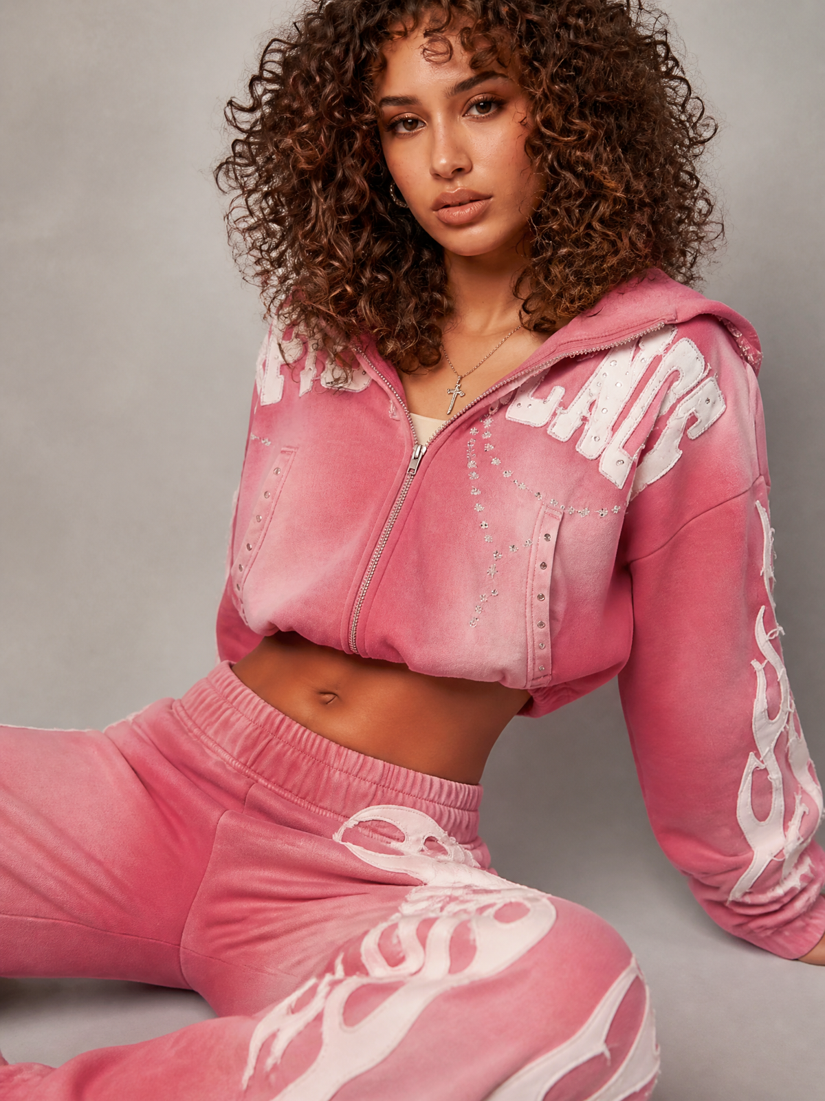 Hoodie and Flared Pant Set with Graphic Embellishments