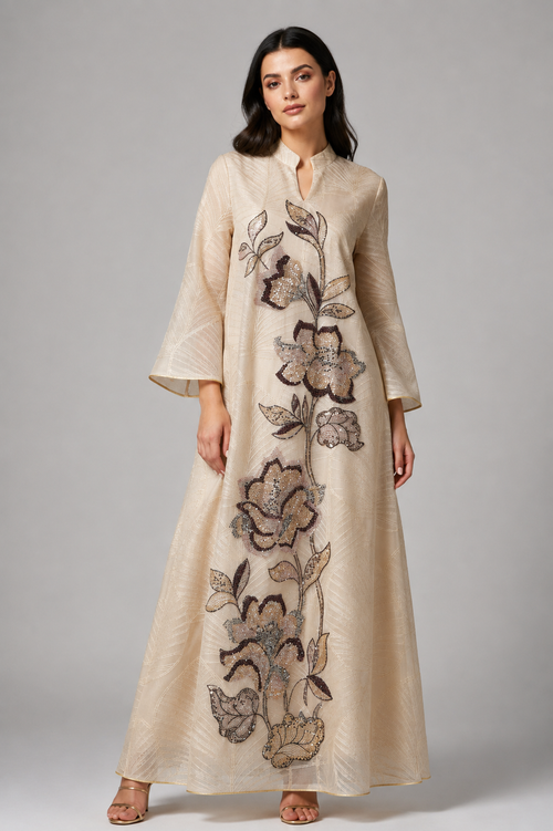 Amara Embroidered Mesh Kaftan Dress