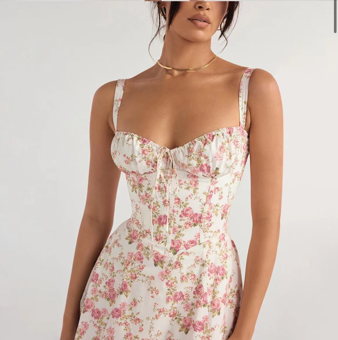 American  Hot Low-cut Sexy Digital Printed Chest Back Strap Waist Mid-length Dress