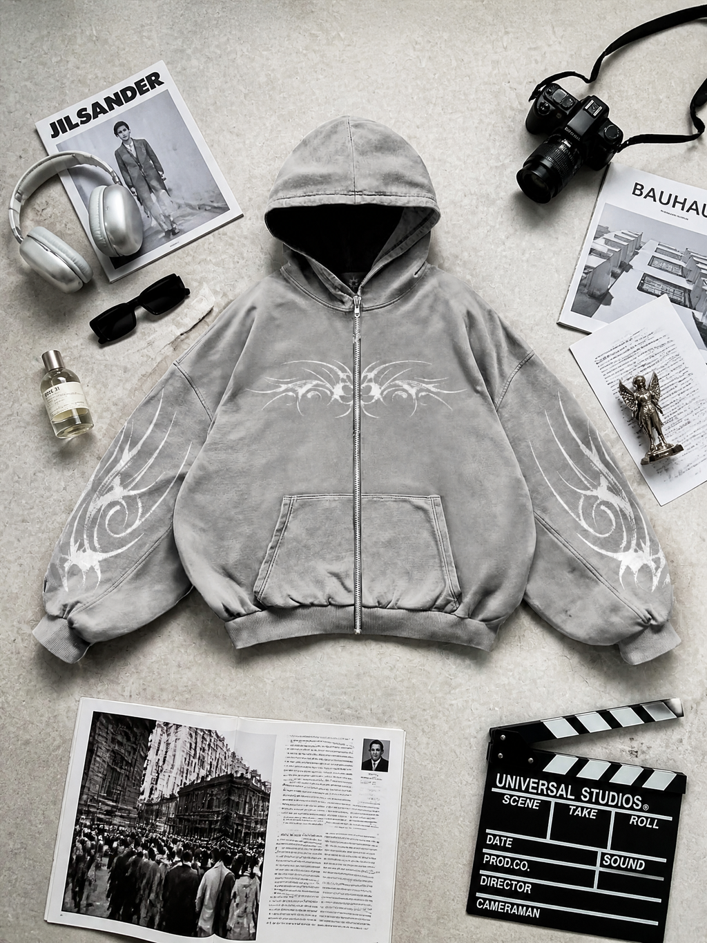 Gothic Graphic Zip-Up Hoodie in Premium Textured Corduroy