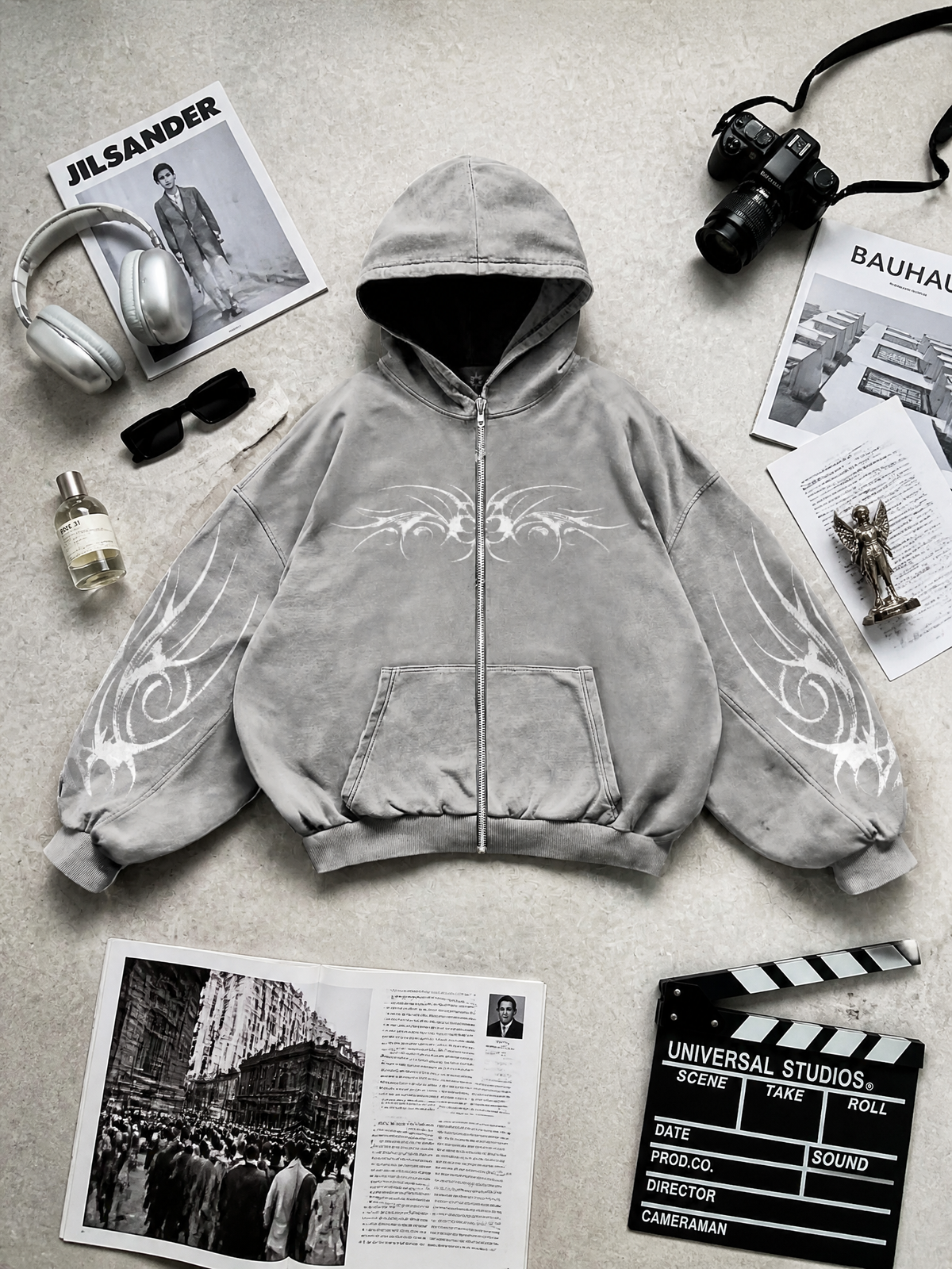 Gothic Graphic Zip-Up Hoodie in Premium Textured Corduroy