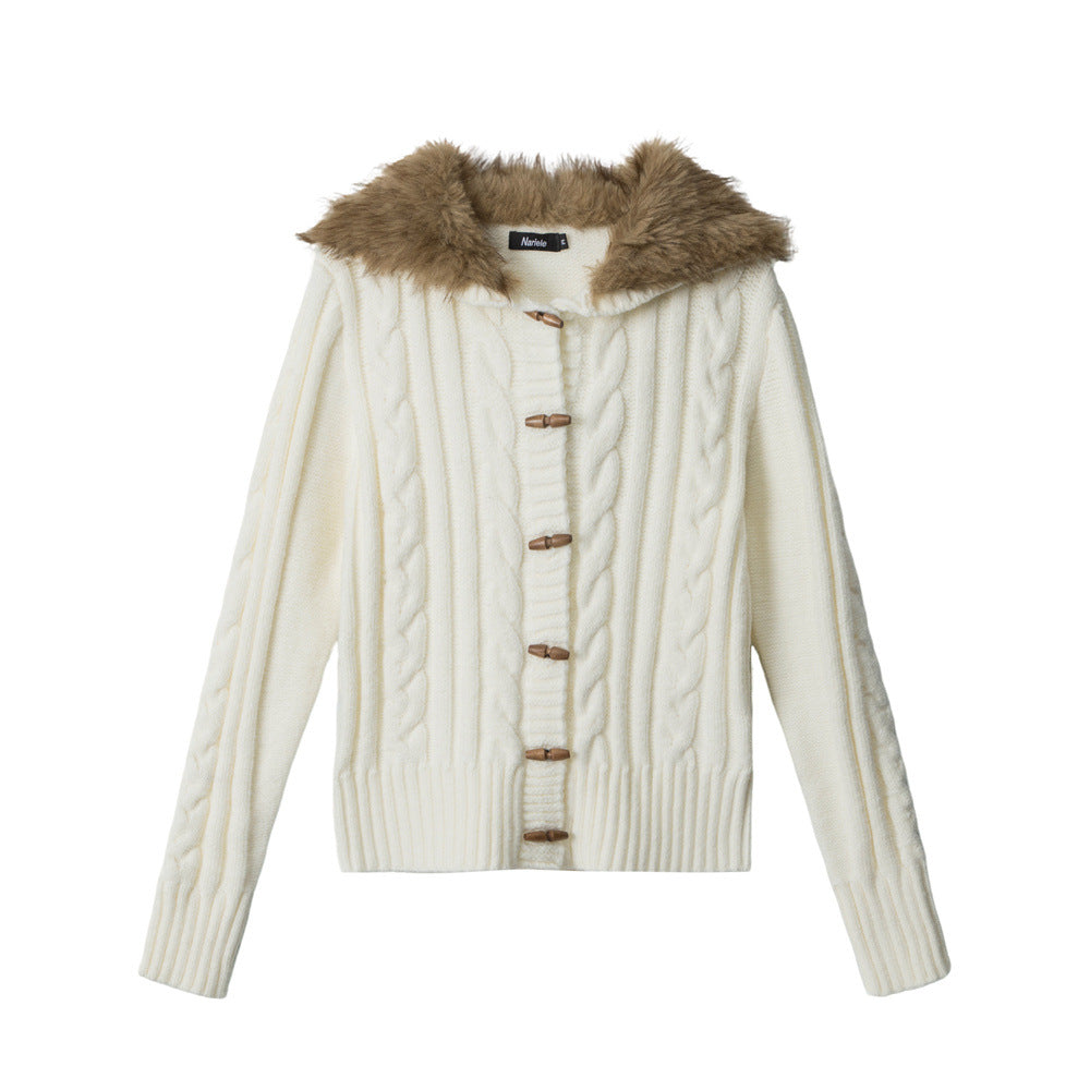 Womens Hooded Cardigan with Fur Collar