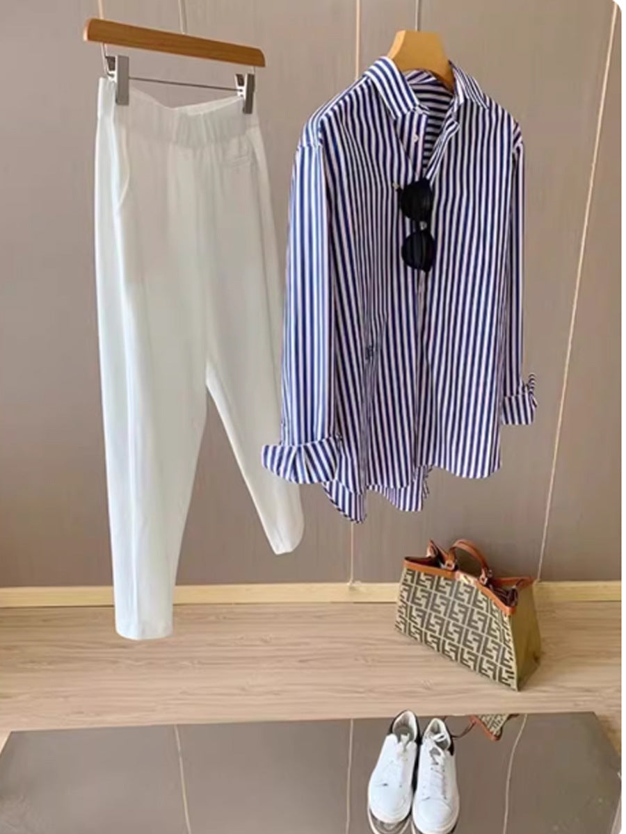Blue and White Striped Shirt with Collaged Design