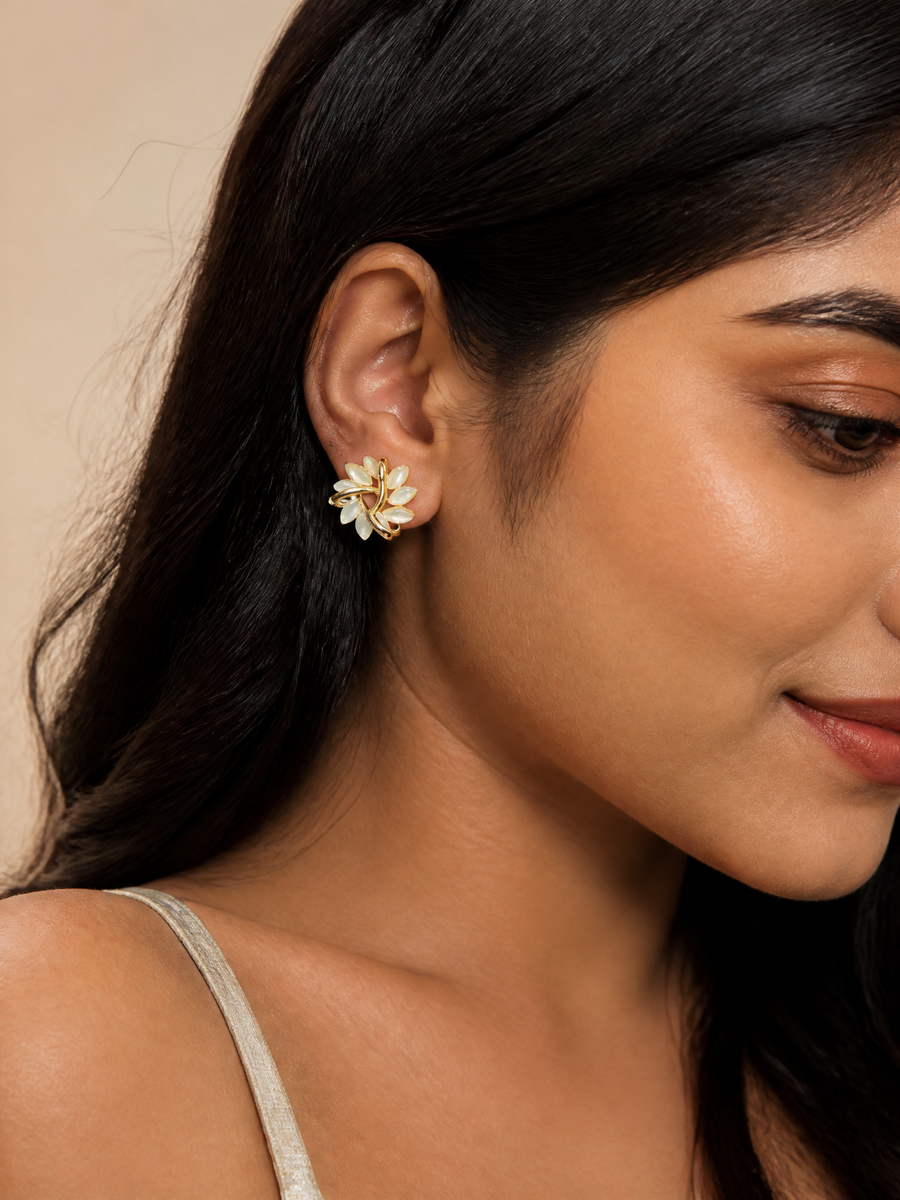 Floral Cat's Eye Stone Stud Earrings in Gold Tone