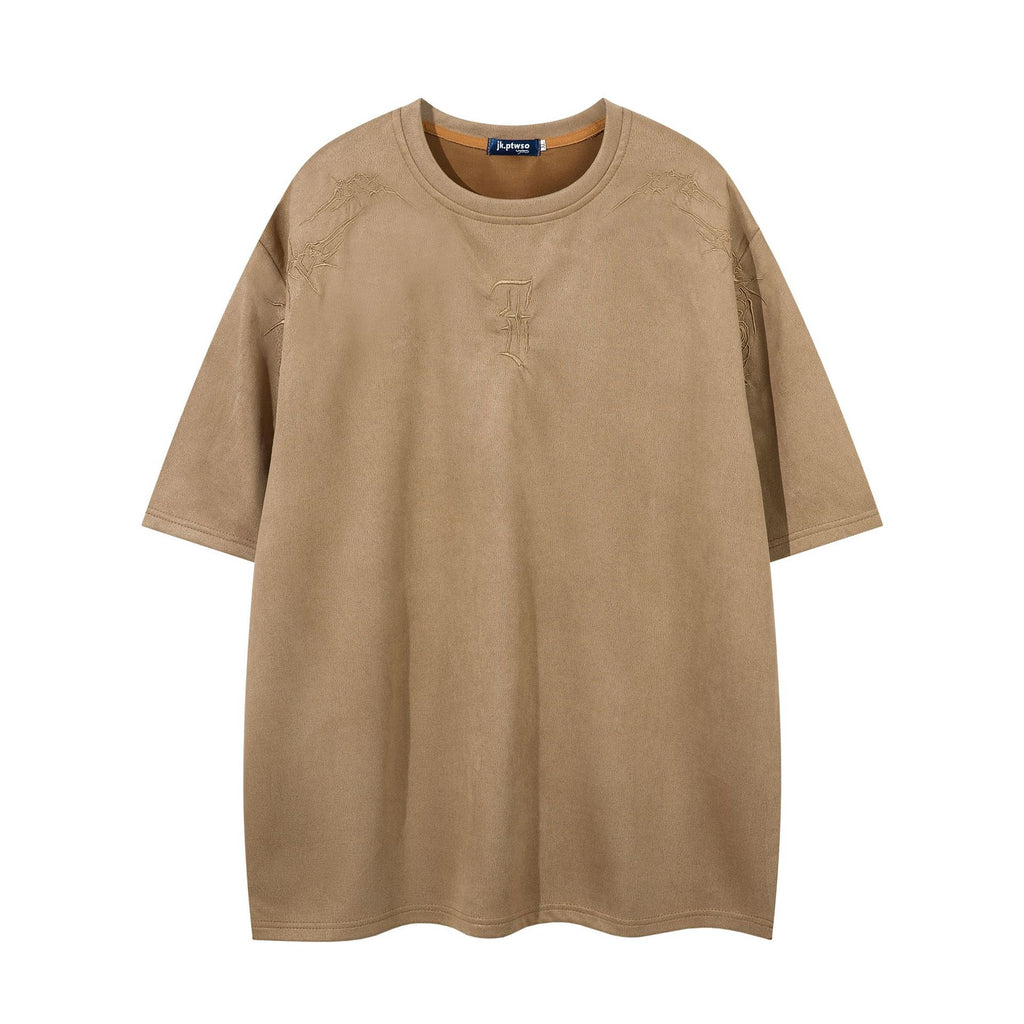 Leather-like Fabric T-Shirt with Thorns Embroidery - Loose Fit Summer Tee