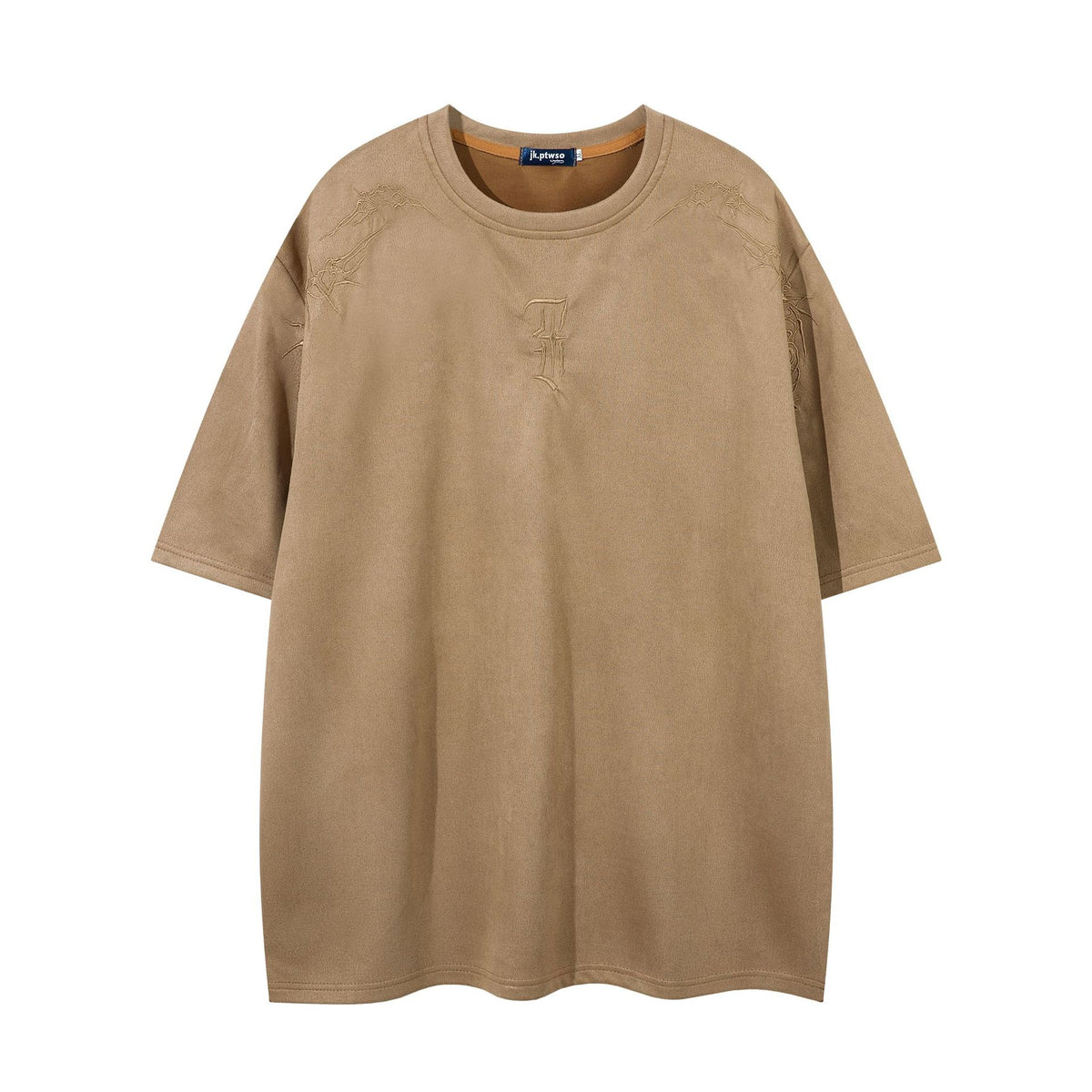 Leather-like Fabric T-Shirt with Thorns Embroidery - Loose Fit Summer Tee
