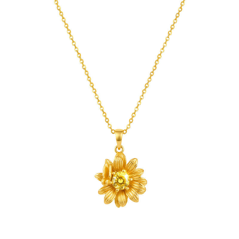 Sunflower and Butterfly Pendant Necklace in 18K Gold Plated