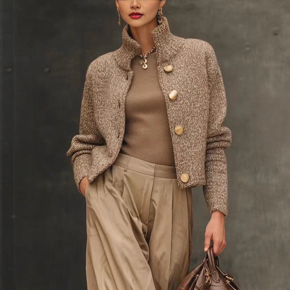 High-neck button-down knit cardigan
