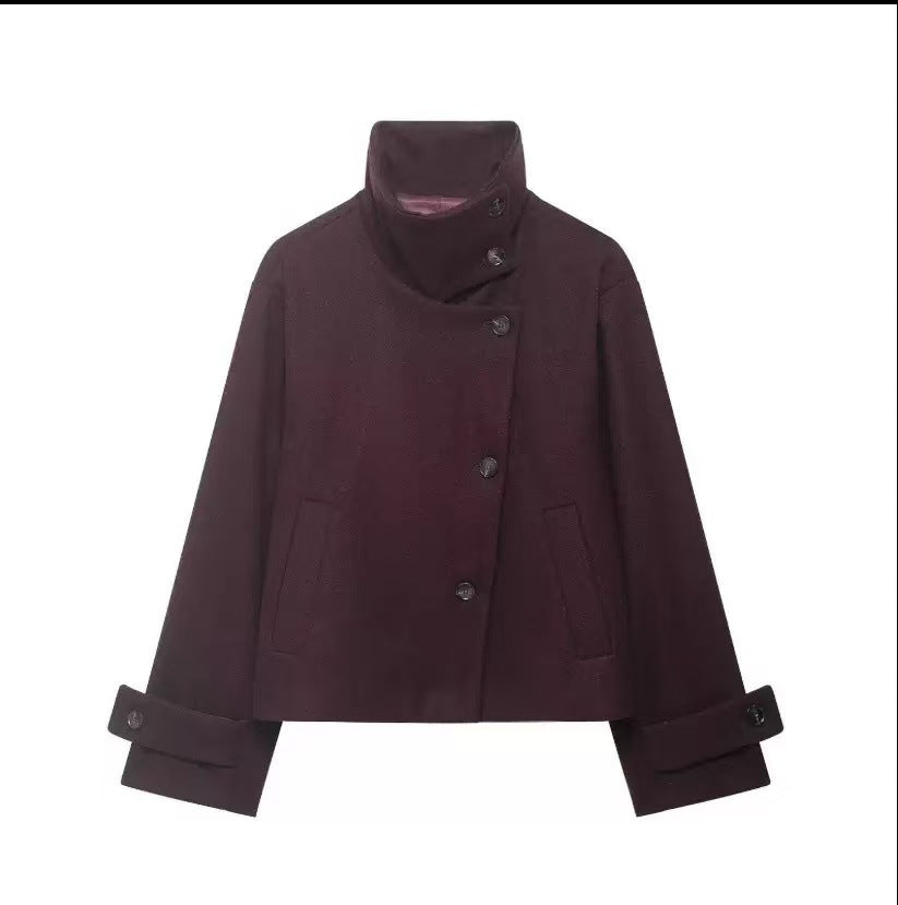 Womens Retro Stand Collar Jacket Solid Color Coat