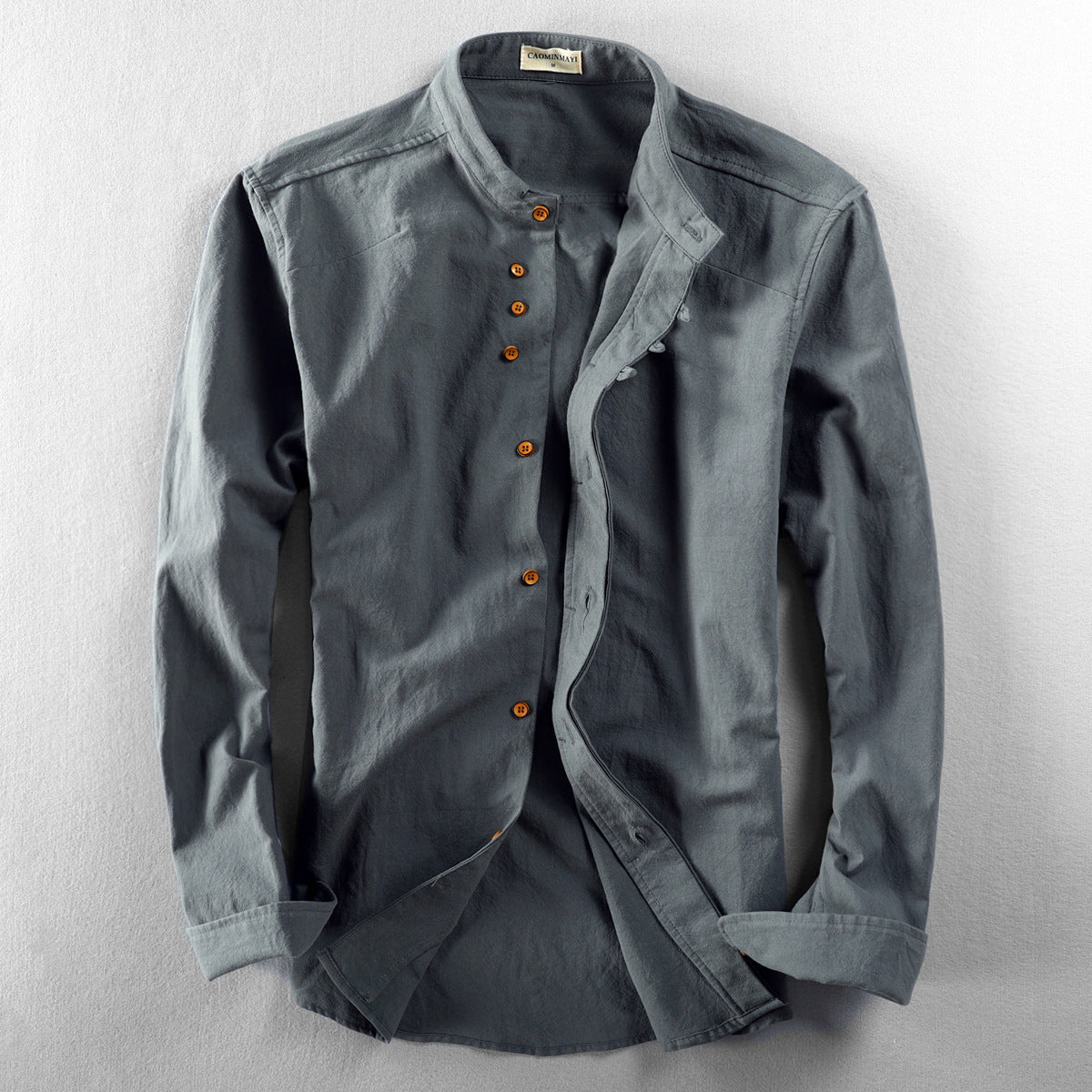 Men's Casual Linen Cotton Blend Slim Fit Shirt with Stand-Up Collar