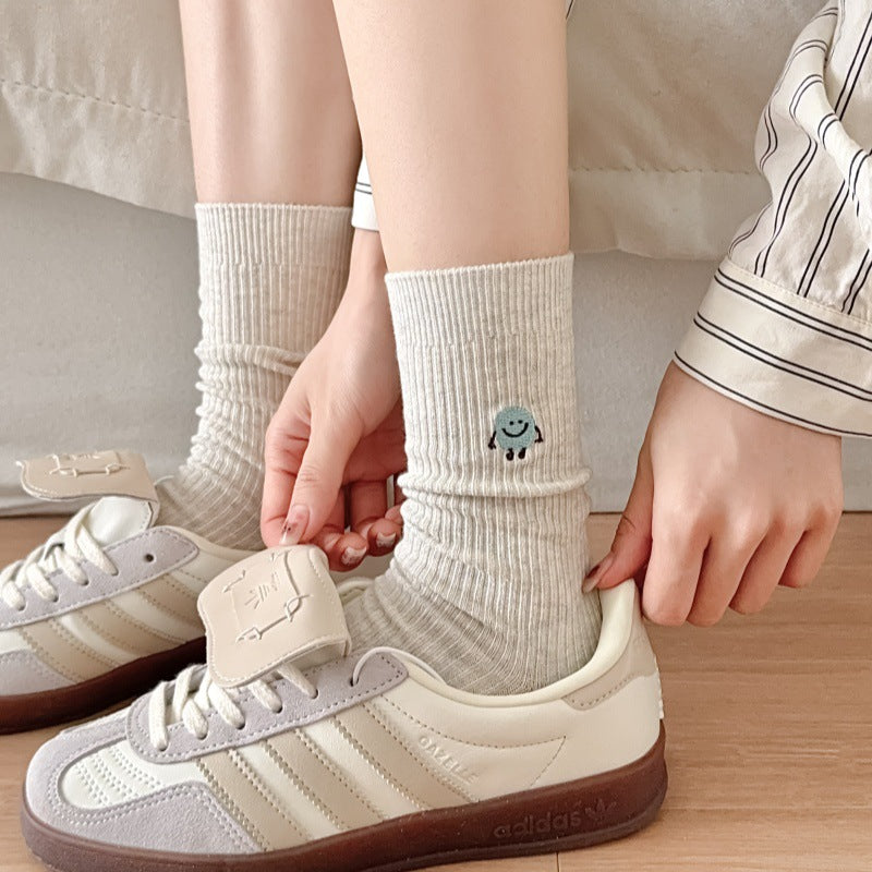Solid Color Cute Funny Expression Double Needle Embroidered Women's Mid-tube Socks Vertical Combed Cotton Simple Breathable Sweat-absorbent Stockings