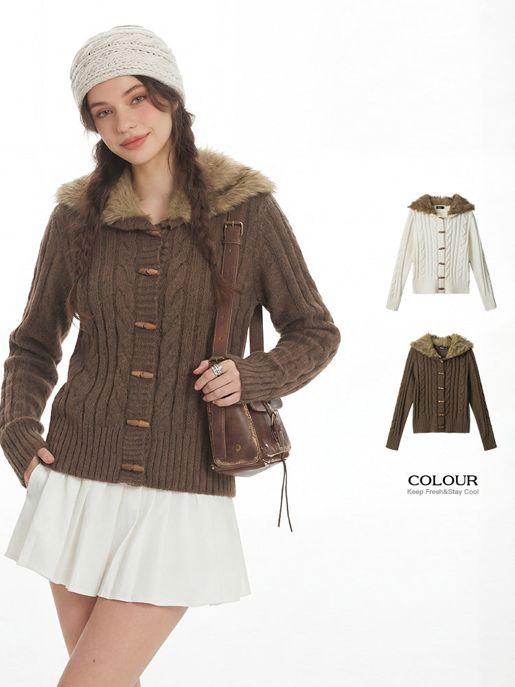 Womens Hooded Cardigan with Fur Collar