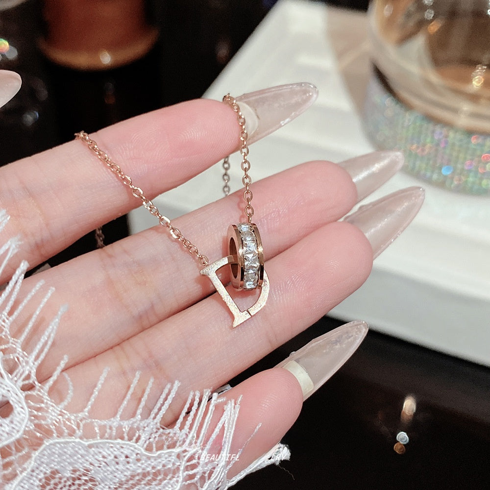 Titanium Steel Zircon Necklace with Geometric Pendant
