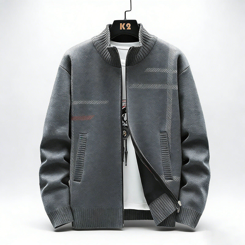 Men Fleece Lined Stand Collar Cardigan Sweater