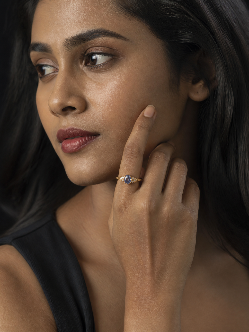 Cordierite Olive Leaf Ring with Zircon Accents in Gold Tone