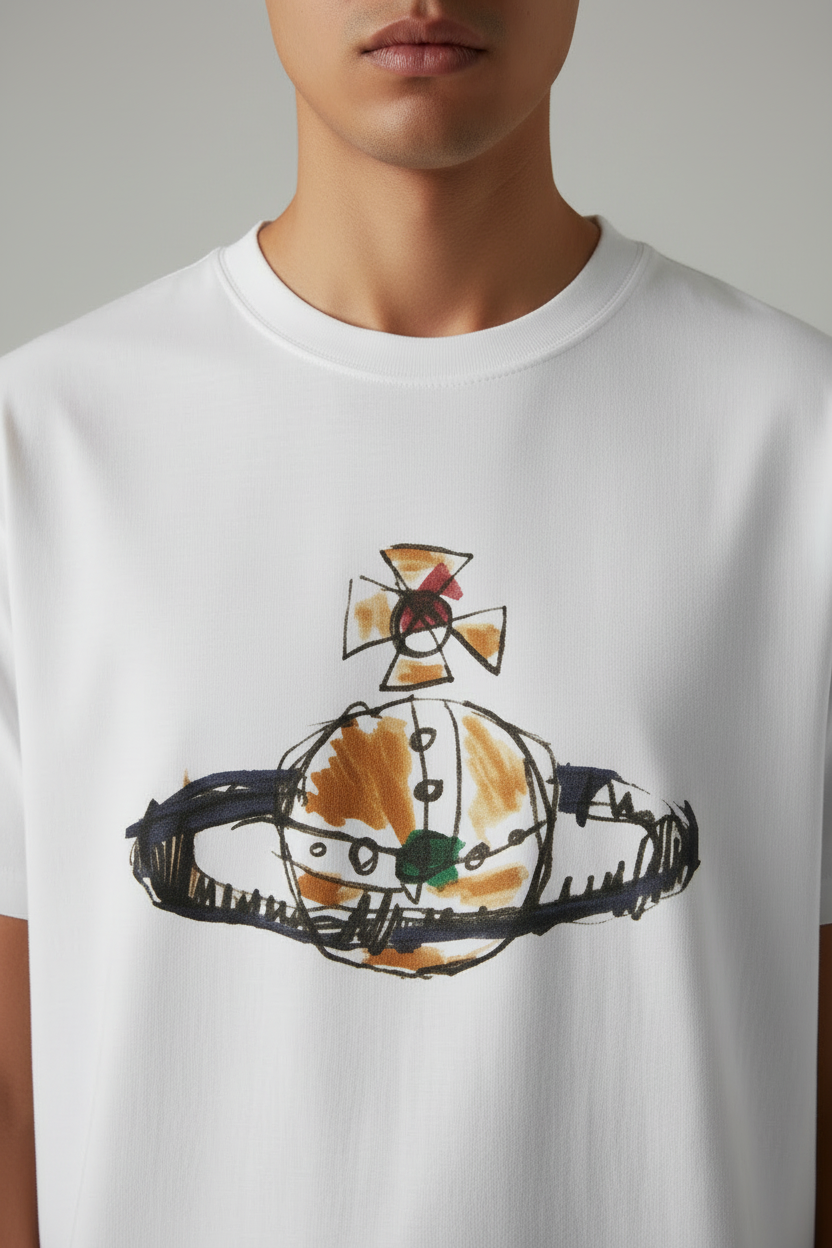 White t-shirt with a colorful graphic design on a white background