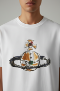 White t-shirt with a colorful graphic design on a white background