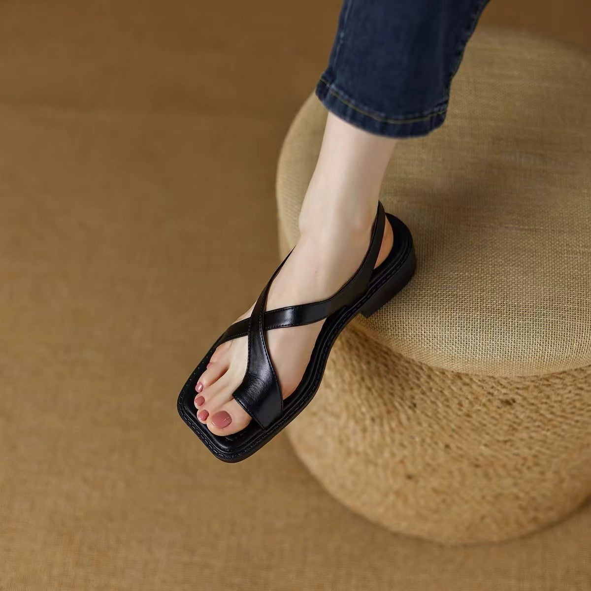 French Retro Thong Sandals Women Flat Square Toe
