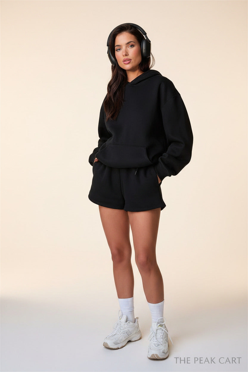 Solid-color hoodie and short-pant set