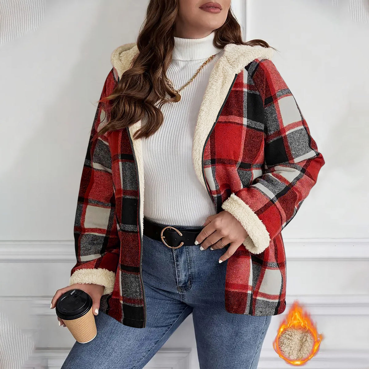 Checkered Patchwork Fleece-Lined Hooded Sweatshirt Jacket
