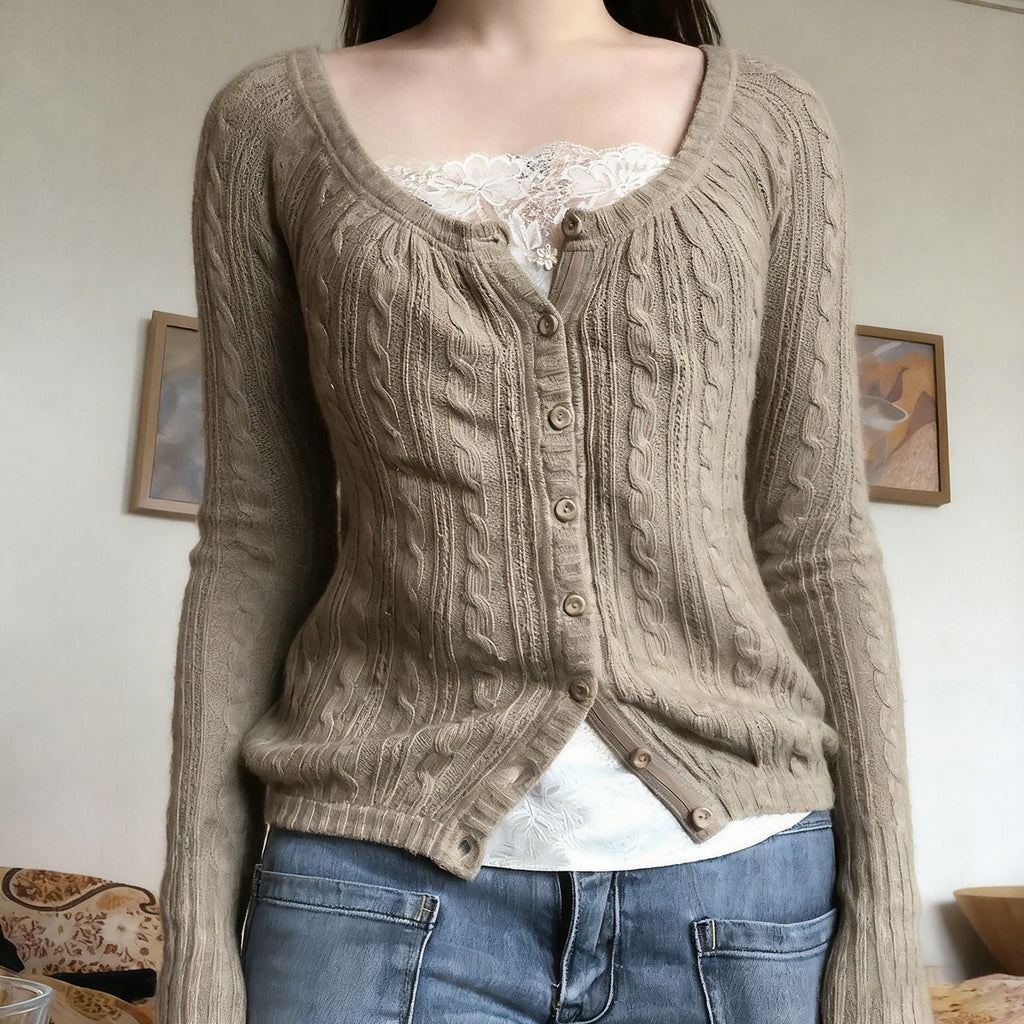 Twist-Knit Button Cardigan with U-Neck