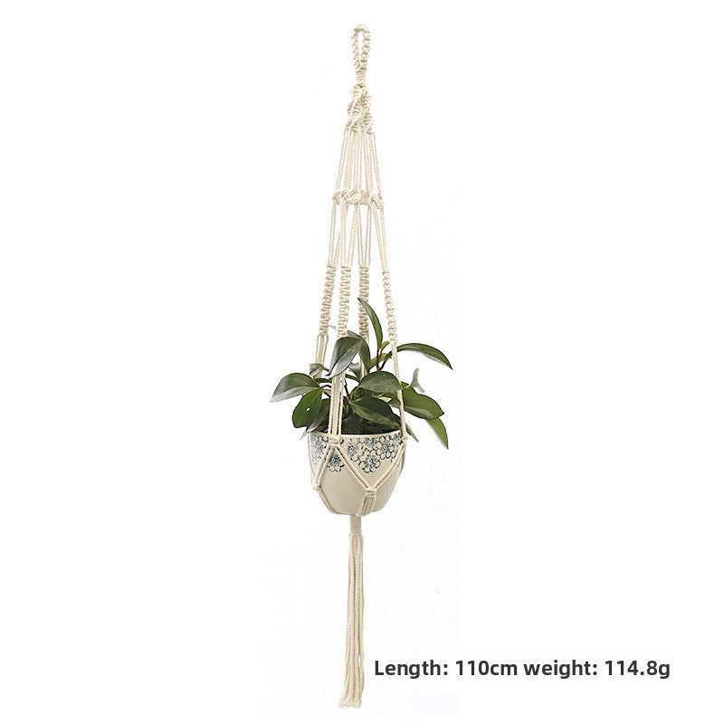 Handwoven Cotton Hanging Plant Basket with Decorative Accents