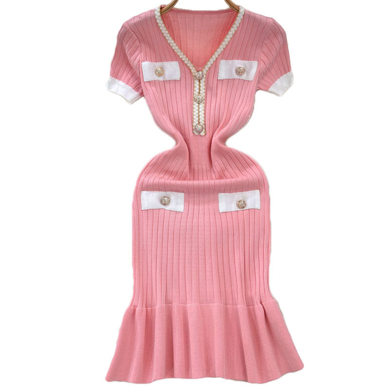 V-Neck Waist-Cinching Knitted Dress