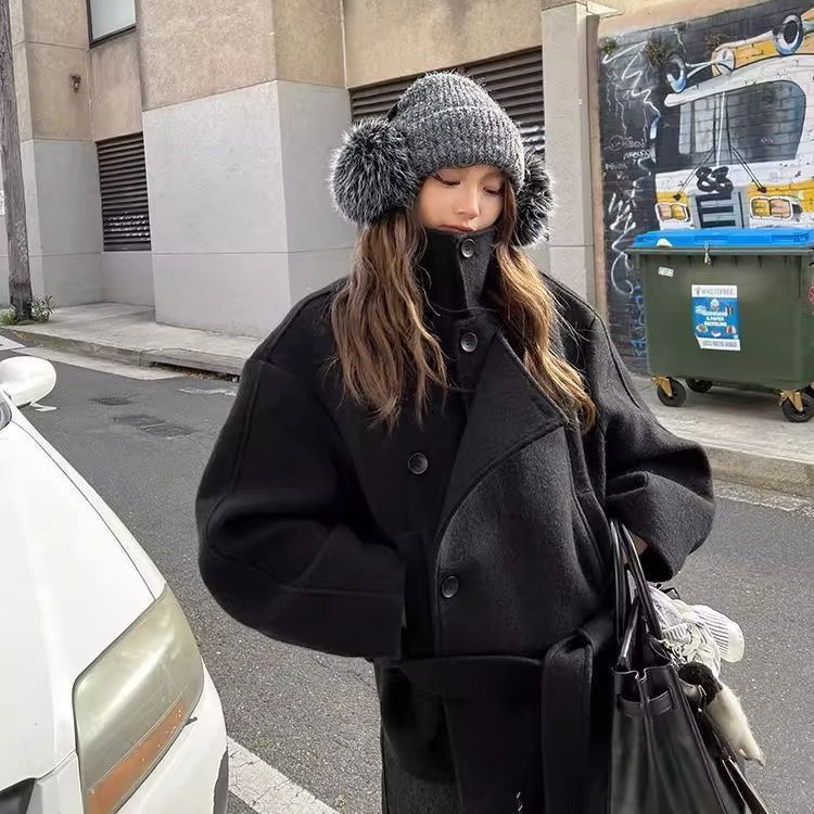 Womens Short Woolen Coat Stand-up Collar Belted Petite Coat