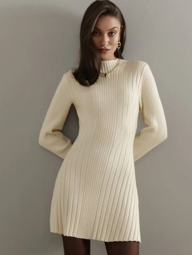 Long Sleeve High Collar Knitted Dress