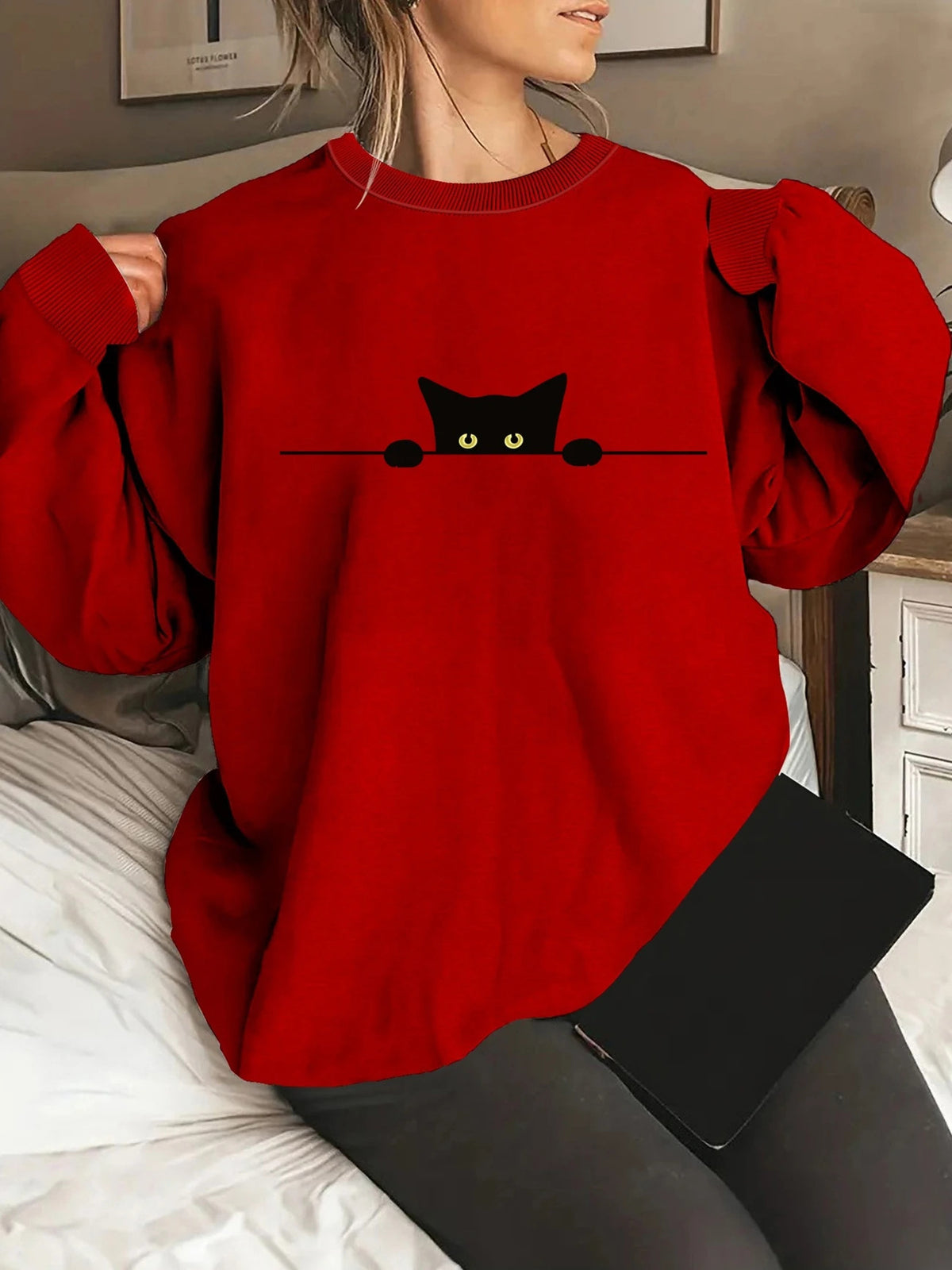 Cat Print Round Neck Sweatshirt