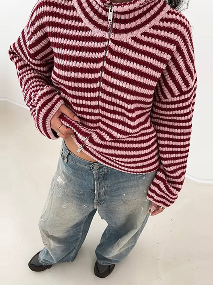 Striped Zipper Knit Cardigan Top