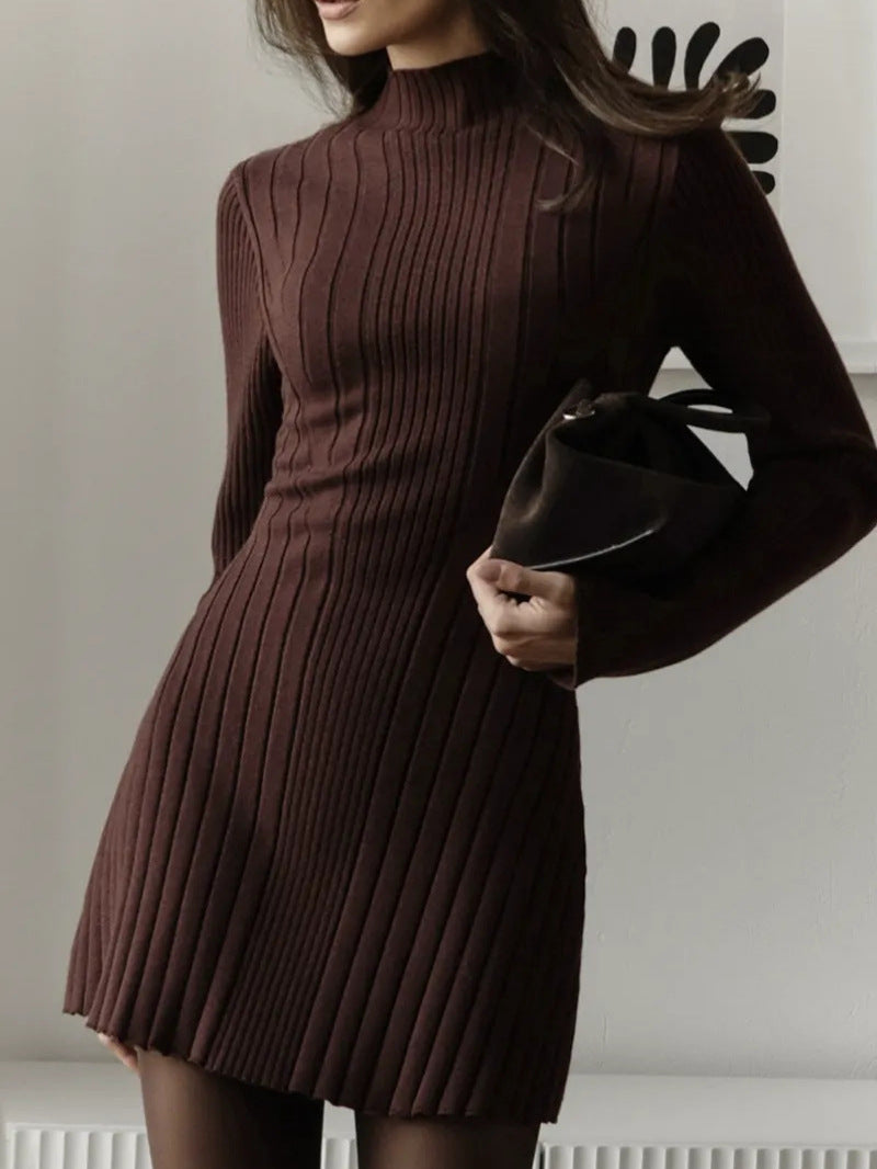 Long Sleeve High Collar Knitted Dress