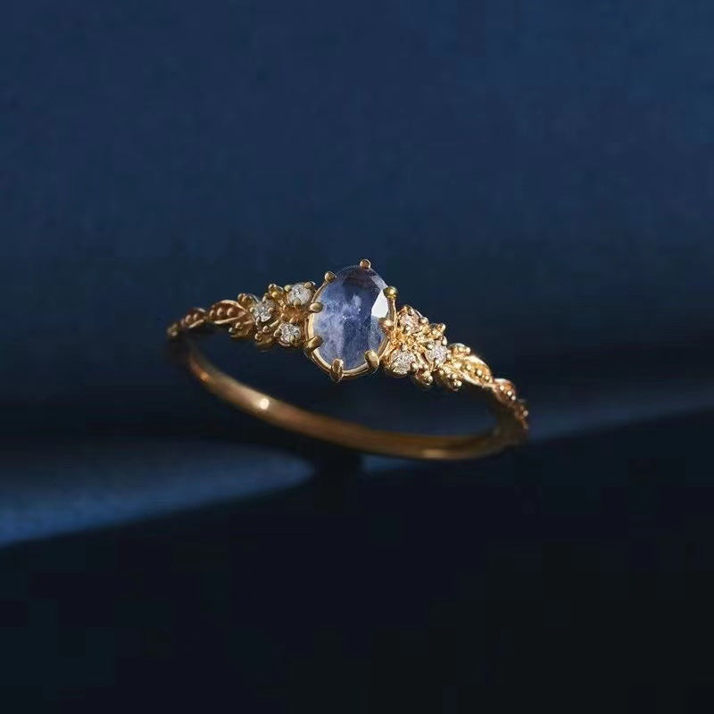 Cordierite Olive Leaf Ring with Zircon Accents in Gold Tone