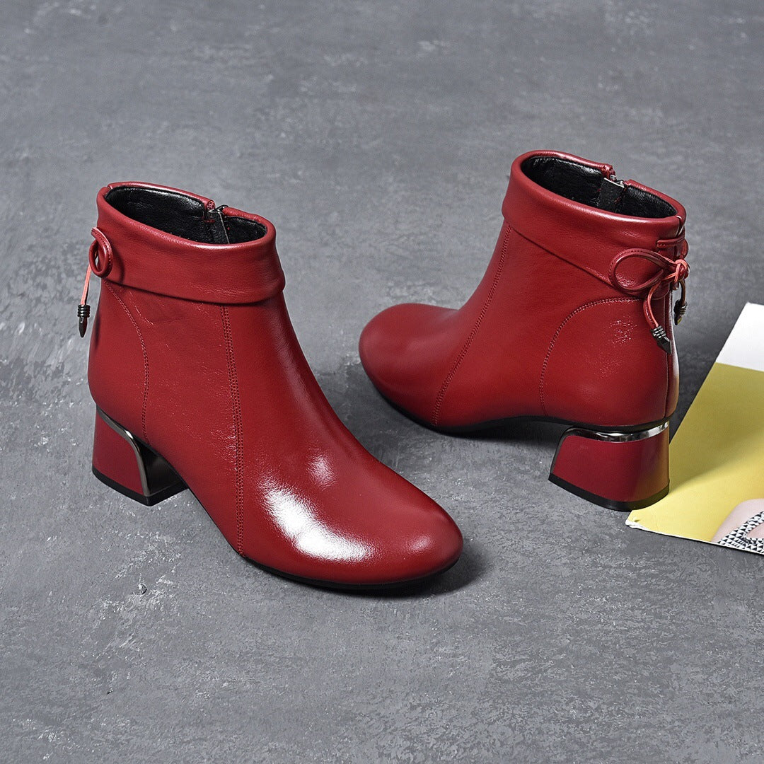 Women's Genuine Leather Chunky Heel Mid Boots
