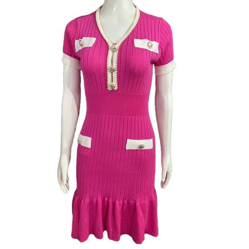 V-Neck Waist-Cinching Knitted Dress