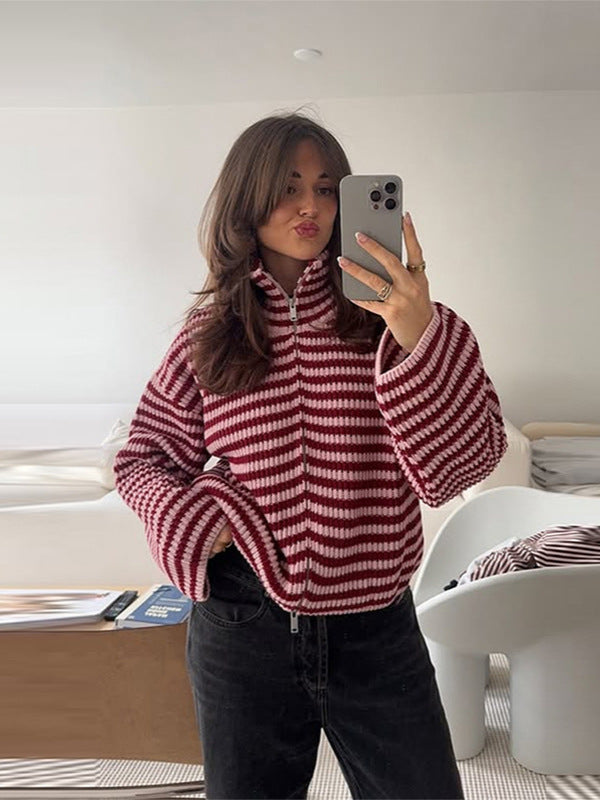 Striped Zipper Knit Cardigan Top