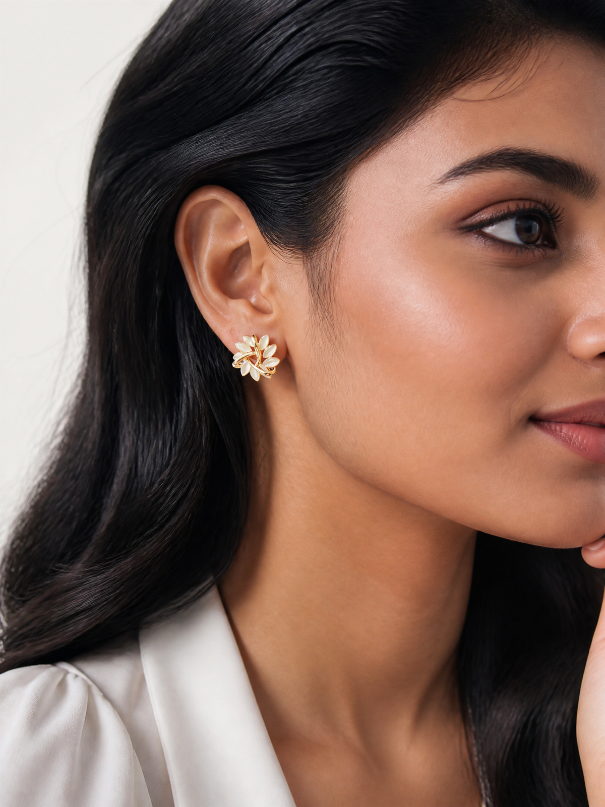 Floral Cat's Eye Stone Stud Earrings in Gold Tone