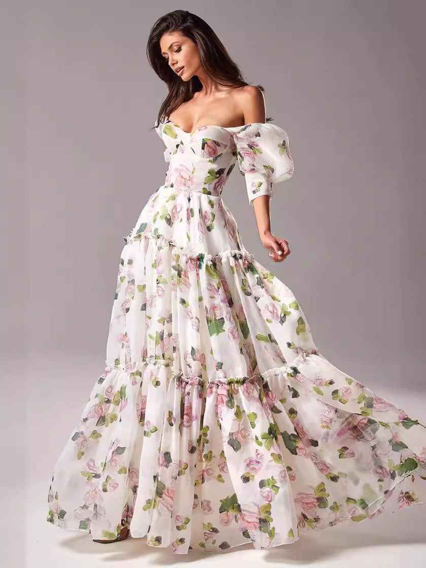 Off-Shoulder Organza Evening Dress with 3D Pattern