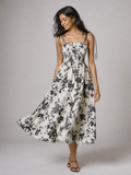 Floral Midi Sun Dress with Smocked Bodice and Tie Straps