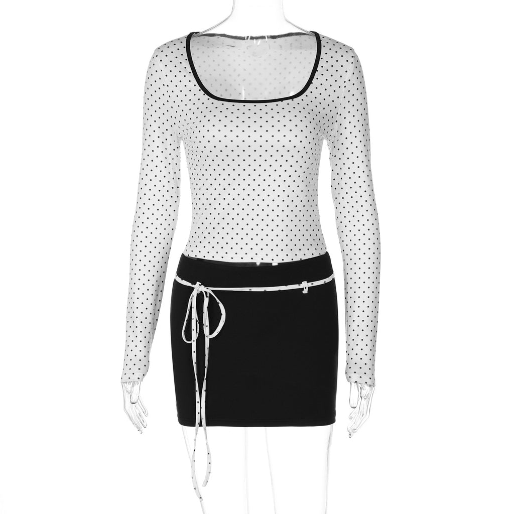 Long Sleeve Square Neck Polka Dot Top and Bodycon Skirt Set