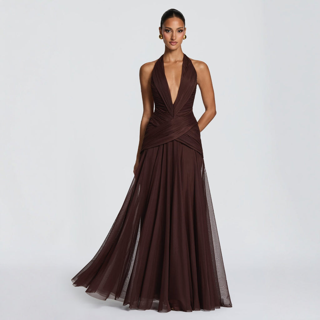 Halter Neck Chiffon Evening Dress with Mesh Skirt