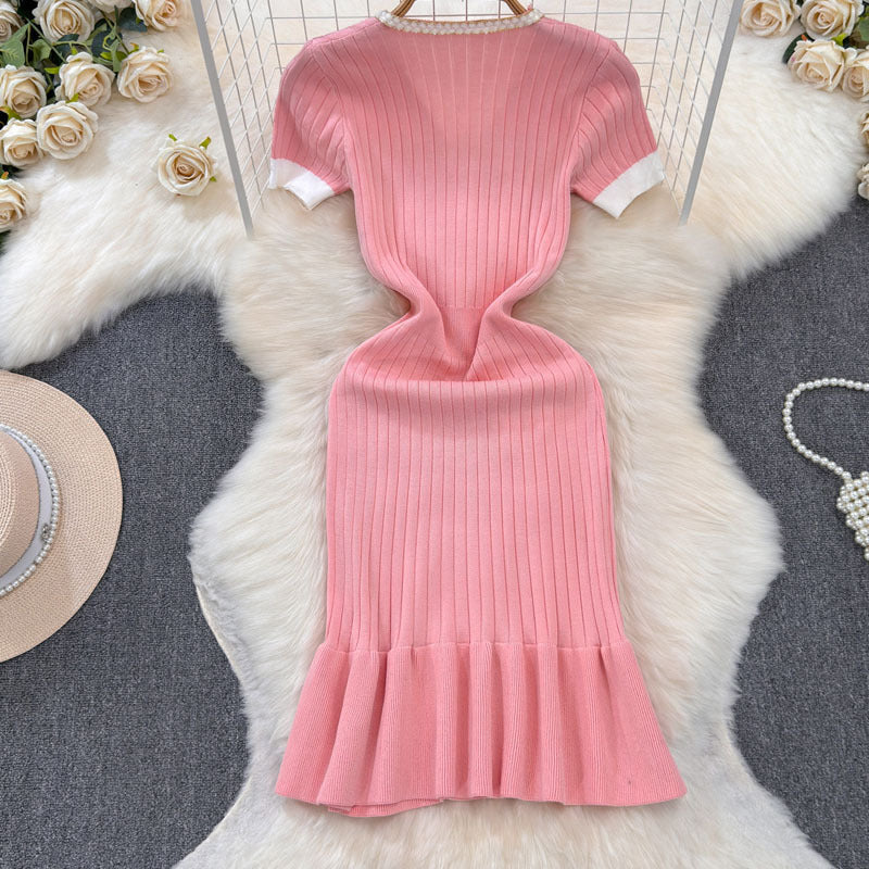 V-Neck Waist-Cinching Knitted Dress