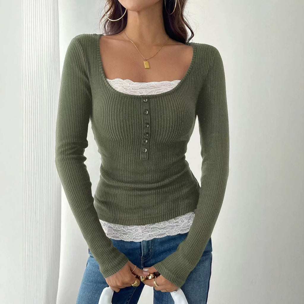 Square collar stitching lace single-breasted slim-fit long sleeves