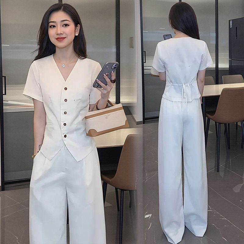 Vireo Linen Blend Sleeveless Vest and Wide-Leg Pants Set