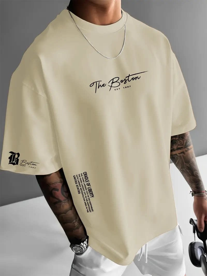 Mens Round Neck Letter Print T-shirt